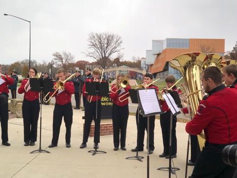 The Kent Roosevelt High School Band performs the National Anthem to start the Veterans Day memorial ceremony at the PARTA bus garage on Monday, Nov. 12, 2018. 