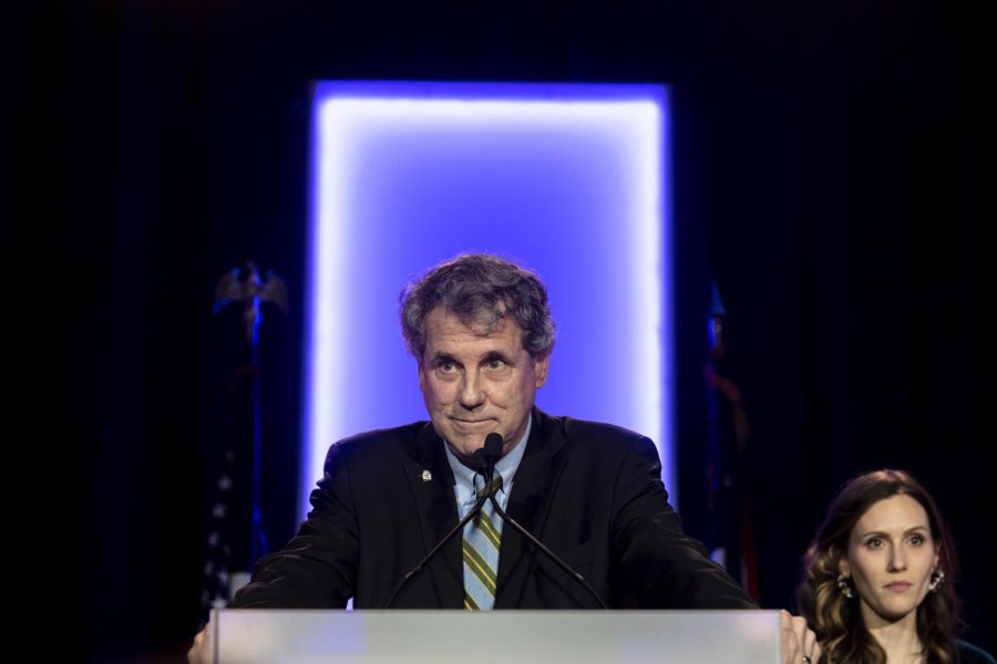 Ohio Senator Sherrod Brown speaks at the Democratic watch party in Columbus, OH Tuesday after winning his bid for re-election.