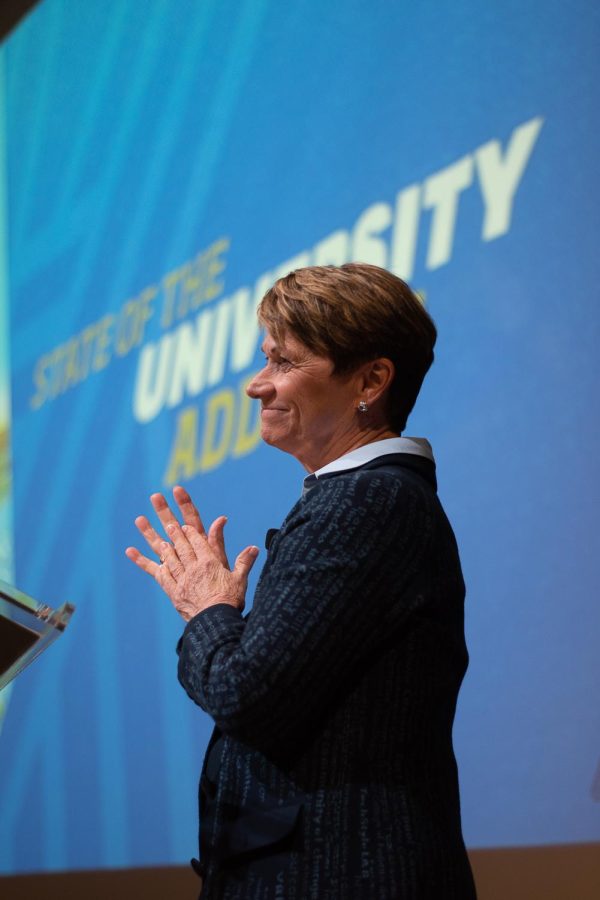 President Beverly Warren receives a standing ovation following her State of the University Address on November 7, 2018. Warren quotes her favorite Broadway Musical regarding her sentiment about her presidency at Kent State University for the last four years, Who can say if Ive been changed for the better, but because I knew you, I have been changed for good.