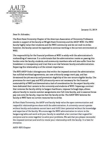 AAUP-KSU sent a letter to the AAUP-WSU chapter showing support of a strike. 