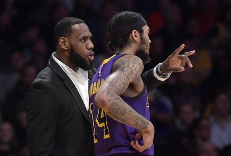 LeBron James, left, talks with Brandon Ingram during the second half of the Lakers matchup against the New York Knicks on Jan. 4, 2019. The Knicks won 119-112.