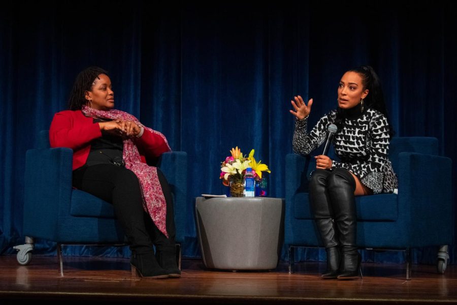 Amoaba Gooden (left), the chair of the Department of Pan-African Studies, and keynote speaker Angela Rye answer audience questions during the Q&A portion of the Martin Luther King Jr. Celebration on Wednesday, Jan. 23, 2019.