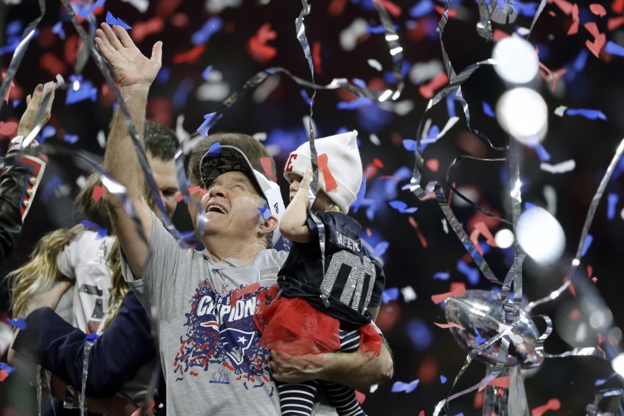New England Patriots head coach Bill Belichick celebrates in the confetti after the NFL Super Bowl 53 football game against the Los Angeles Rams, Sunday, Feb. 3, 2019, in Atlanta. The Patriots won 13-3. (AP Photo/John Bazemore)