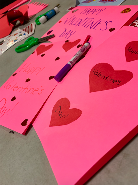Valentines cards made for patients, at Akron Childrens Hospital. 