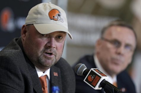 Cleveland Browns new head coach Freddie Kitchens, left, answers questions during an introductory news conference, as Browns general manager John Dorsey listens on Jan. 14, 2019, in Cleveland. (AP Photo/Tony Dejak)