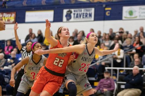 Kent State guard Ali Poole waits under the basket before a rebound during the second half of the game against Bowling Green on Saturday, Feb. 16, 2019. Kent State won the game, 77-73.