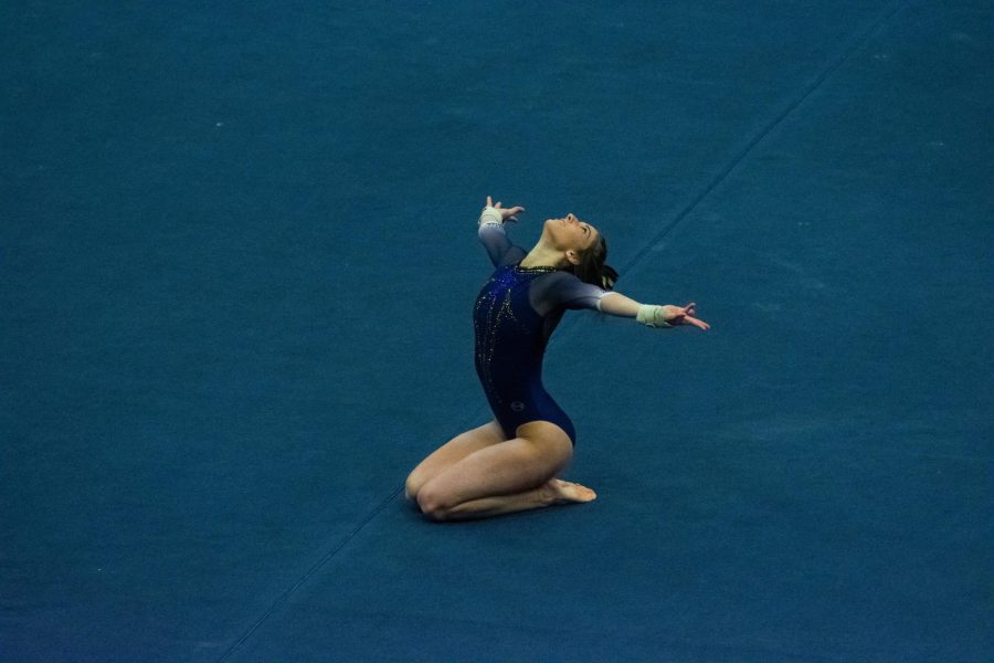 Madison Trott finishes her floor routine at the Beauty and the Beast match on February 10, 2019.