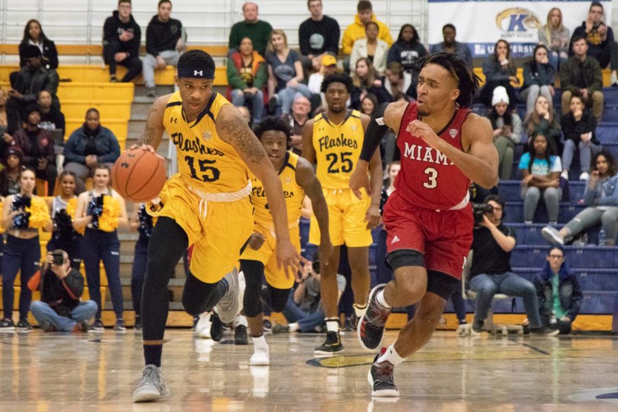 Anthony Roberts leads the Flashes in a fast break during the first half against Miami University on Feb. 5. 