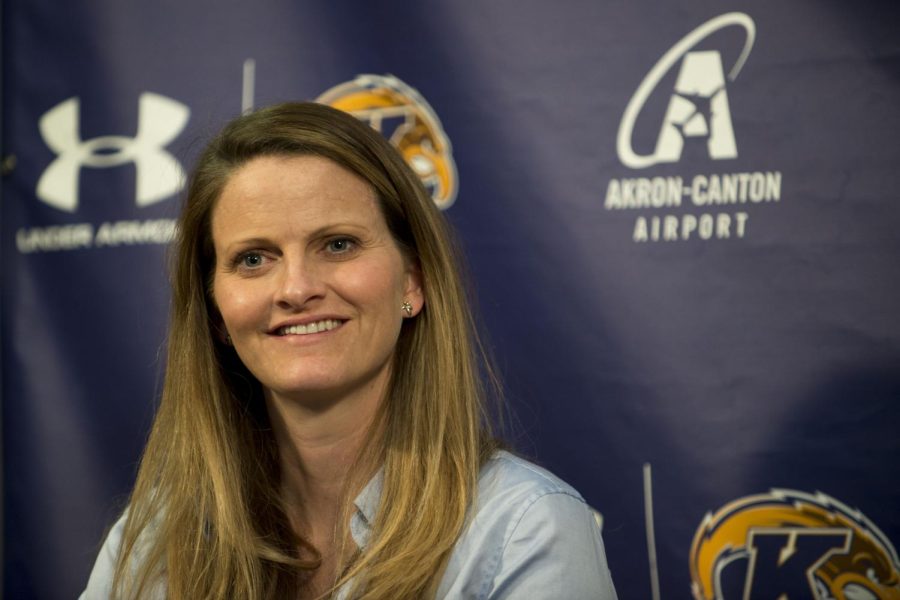 Kent State’s new women’s lacrosse head coach Brianne Tierney speaks at a press conference in the M.A.C. Center on Tuesday, May 2, 2017. 