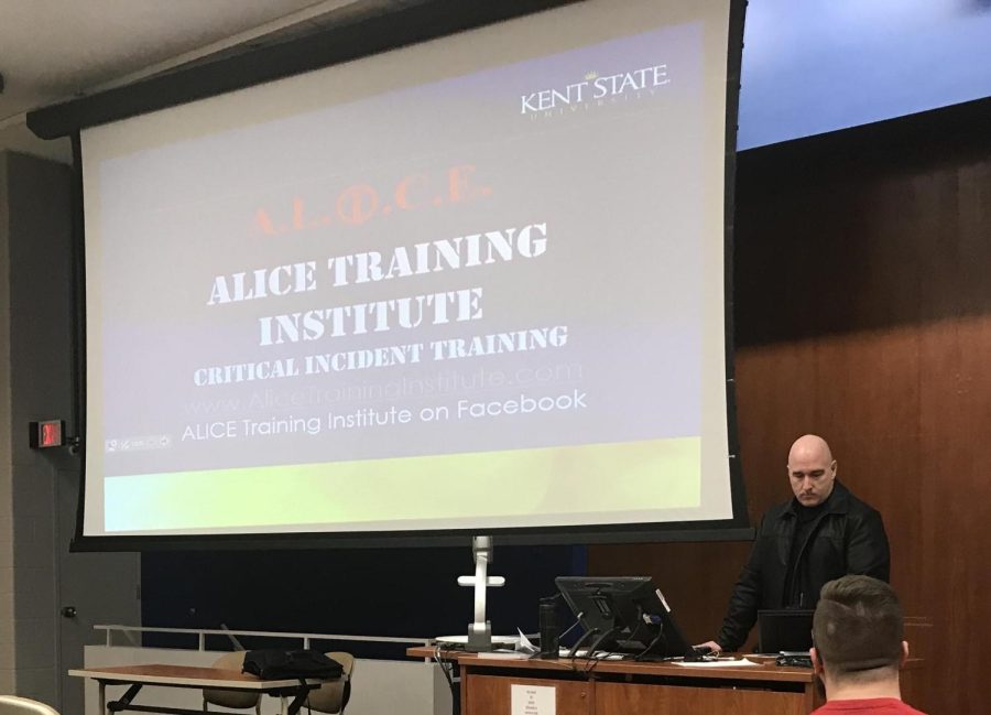 Kent Police Officer Vance Voyles prepares to teach an ALICE training class Wednesday, Feb. 20.
