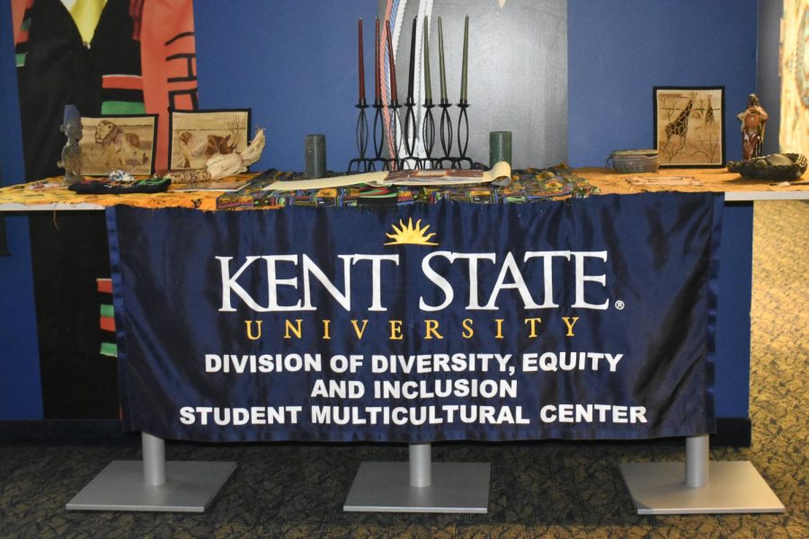 Banner with artifacts in the Student Multicultural Center.