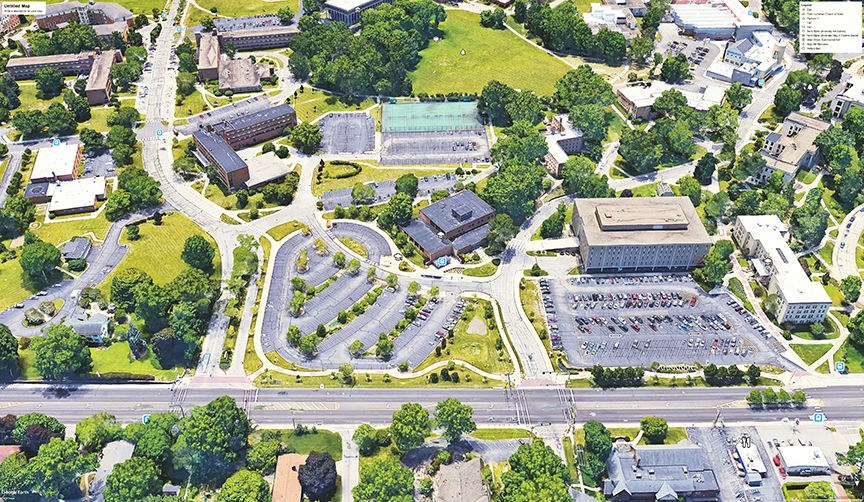 A Google Earth Pro view of front campus shows the Terrace and White Hall parking lots that will be eliminated as the university renovates the front campus area. At left, the Williamson House will be preserved, but a new parking deck will be built nearby. 
