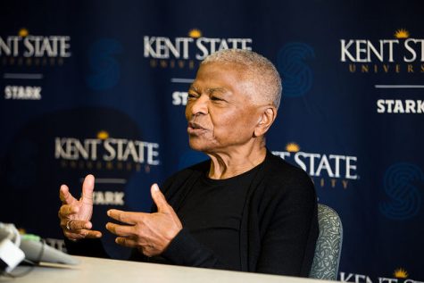 Mary Frances Berry speaks to students during a press conference.
