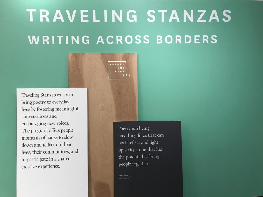Description of “Traveling Stanzas: Writing Across Borders at the exhibits entrance at Taylor Hall.