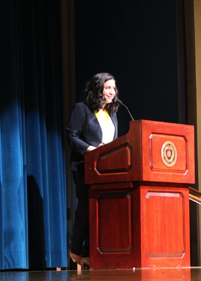 Tanzina Vega speaks to students at the 15th annual Robert G. McGruder Distinguished Lecture and Award Program on Wednesday.
