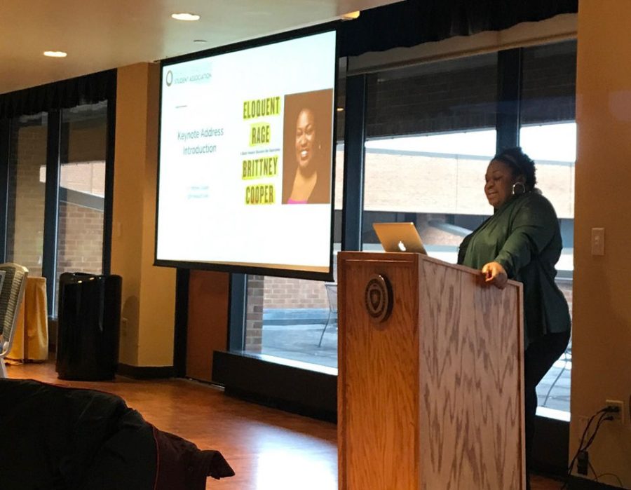Brittney Cooper delivers a speech at Kent States Black Graduate Student Associations spring conference. 