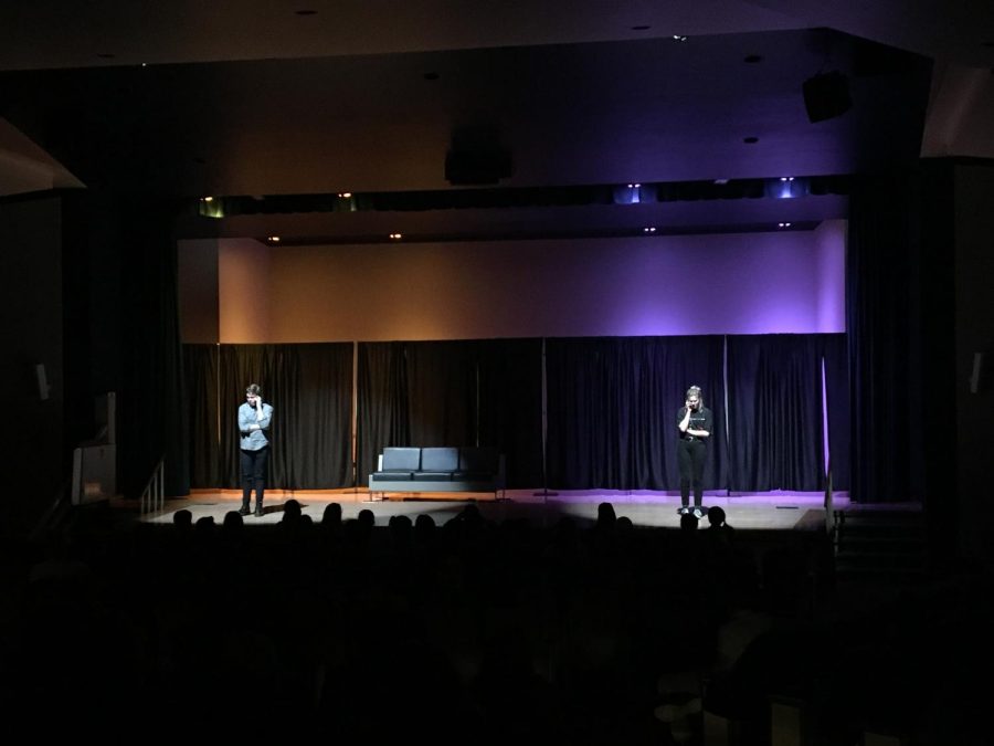 Lennon Sackela and DElla Heschmeyer perform on stage in the Kiva on March 21, 2018. Photo courtesy of Sarah Jane Demetruk.
