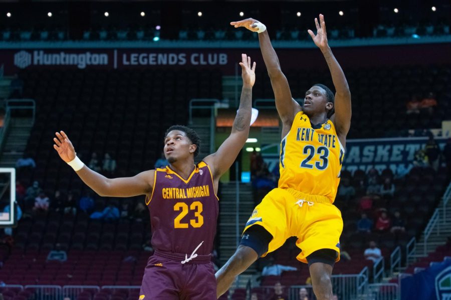 Senior Jaylin Walker shoots a three in the second half of the Mid-American Conference game held at Quicken Loans Arena on March 14, 2019.