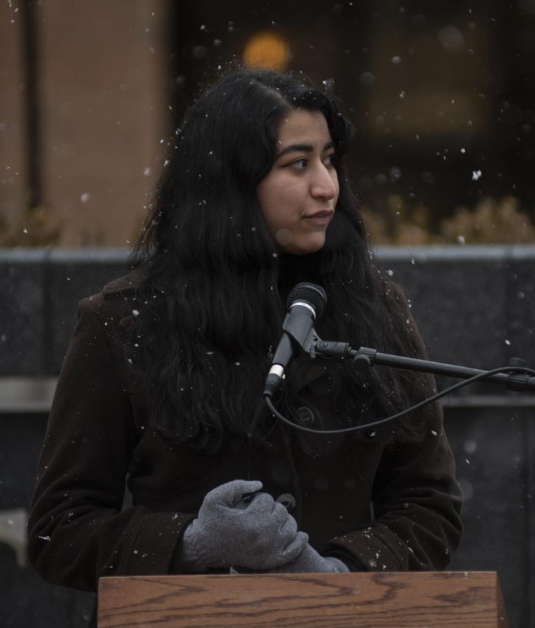 Sehar Shaikh, the president of Kent State University Muslim Student Association,  speaks to people gathered in Risman Plaza for a vigil for the victims of Christ Church on March 18, 2019.