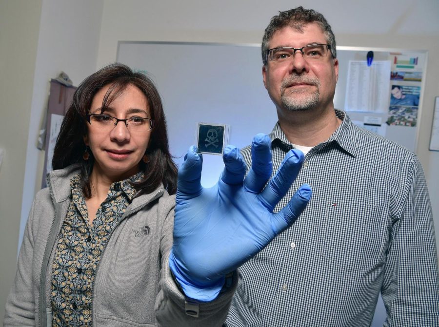 Kent State professors Elda and Torsten Hegmann pose with a sensor they designed to detect toxic gases.