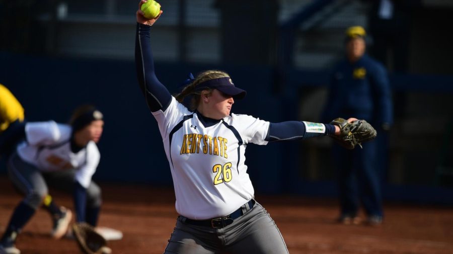 Andrea Scali winds up for a pitch during a Kent State softball game. 