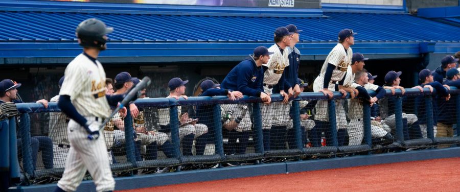 Members of the Kent State baseball team stand on the rail to watch a ball approach the home run fence in their game against Western Michigan on Friday.