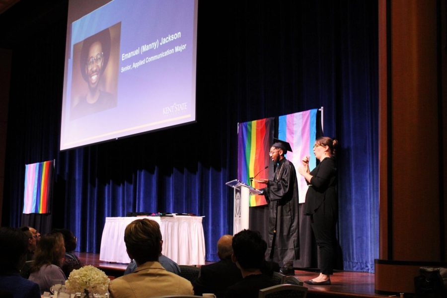 Graduating senior Emanuel Jackson talks about his gratitude and inspiration for those who have overcome obstacles for being part of the LGBTQ community during his speech. April 6, 2019.