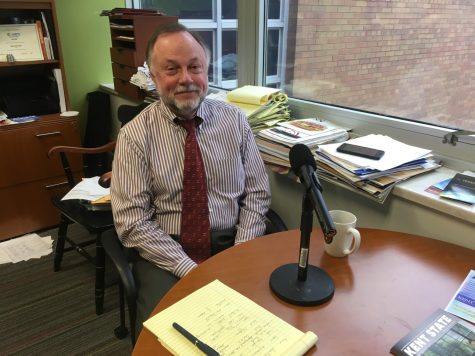 Stephen Roberts, director of Kent States Office of Tech Commercialization and Research Finance, sits in his Schwartz Center office on March 21, 2019.