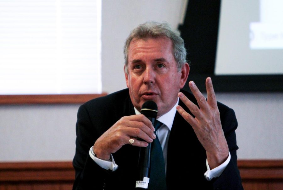 British Ambassador to the U.S., Sir Kim Darroch, talks to the audience gathered in the Moulton Hall ballroom on Wednesday, April 24, 2019.