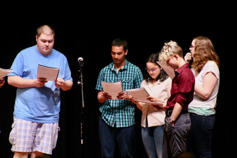 Students from the Teaching Poetry in the Schools course, taught by Charles Malone, perform at the Wick Poetry Centers annual Giving Voice event Thursday, May 2, 2019.