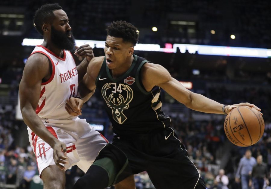 Milwaukee Bucks Giannis Antetokounmpo tries to drive past Houston Rockets James Harden during the second half on March 7, 2018, in Milwaukee. (AP Photo/Morry Gash)