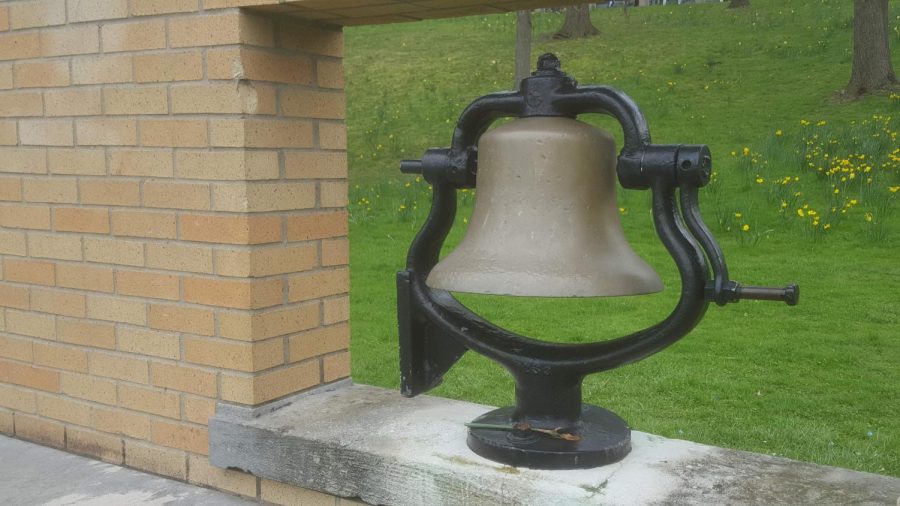 The victory bell sitting at the bottom of Blanket Hill. 