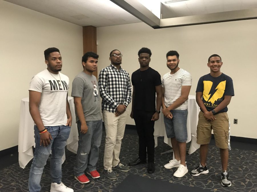(left to right) Anthony Morris, Jr. (A.J.), Lamont Averett, Johnell Parnell, Zethran Jackson, Mark Jenkins, Jaiden Morales all pose for a picture together after the watch party of the Steve Harvey talk show ended. They are six of the eight students who received scholarships from Steve Harvey. 