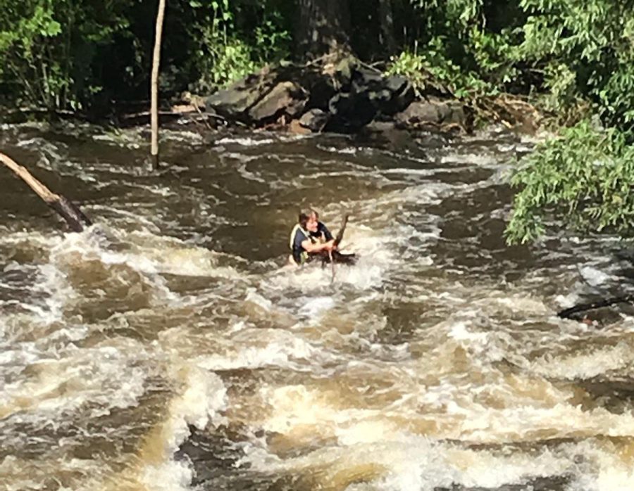 A woman holds onto a branch in the Cuyahoga River after falling out of her kayak on June 22, 2019. 