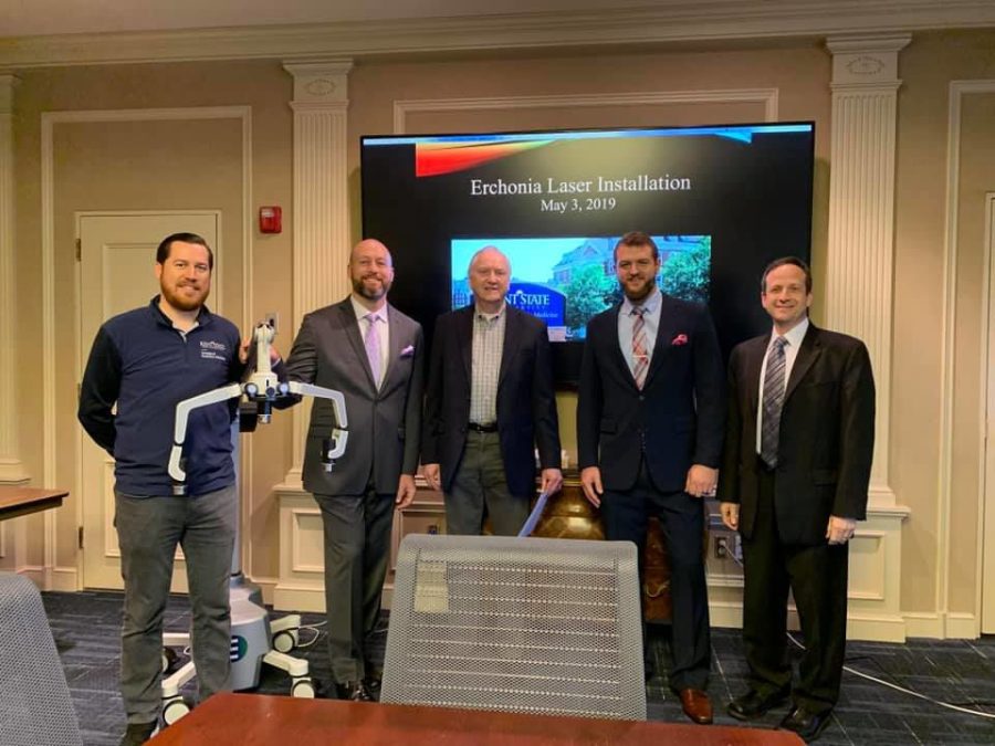 (From left to right) Patrick M. Riley, Kent State Director of Institutional Advancement, Joseph Zapolsky, Sales Manager at Erchonia, Allan M. Boike DPM FACFAS Dean of Kent State, David Tucek, Sales Manager at Erchonia, Richard Silverstein, DPM, teaching doctor for Erchonia.  