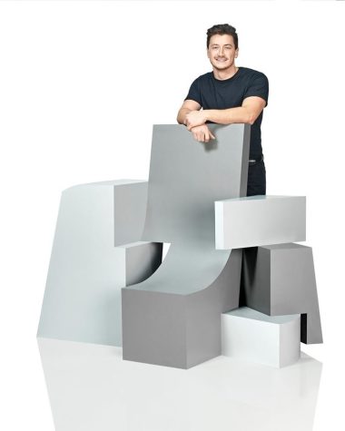 Greg Genter, a graduate student in the architecture program, with his winning design “Assembly,” at the International Contemporary Furniture Fair in New York City on Saturday, May 18, 2019.