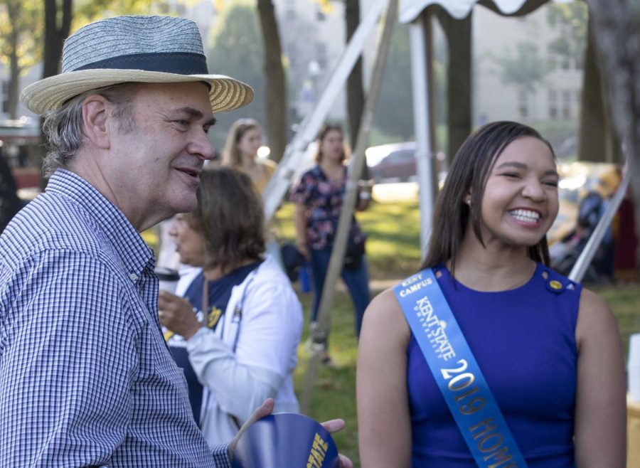 President Todd Diacon speaks with homecoming court candidate Pri Frazier at the EHHS homecoming preparation on Sept. 21, 2019. 