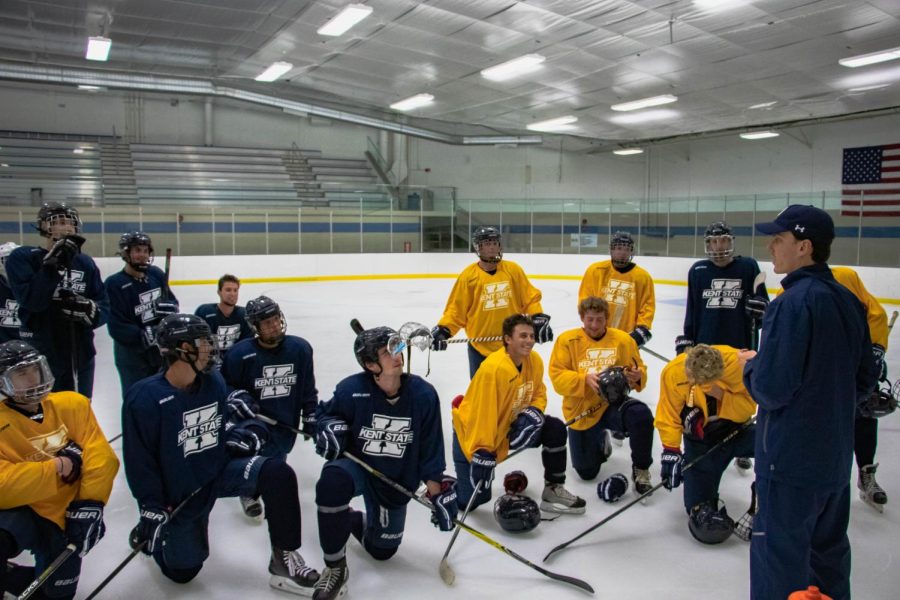 Coach Zack Nowack talks with the Kent State D3 Ice Hockey team at the Kent State Ice Arena. Sept. 19, 2019. 