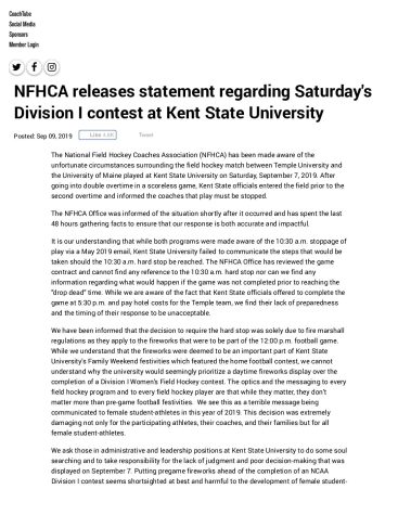 NFHCA releases statement regarding Saturdays Division I contest at Kent State University