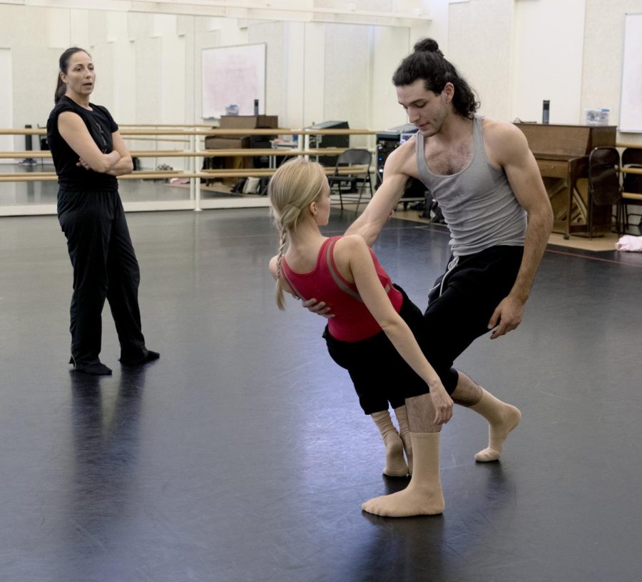 Assistant professor of dance Catherine Meredith instructs Ballet in the City dancers Elina Miettinen and Matthew Robinson in Kent State's Center for the Performing Arts on Wednesday, Oct. 16, 2019.