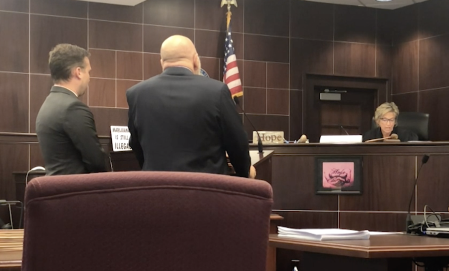 Guska stands with his attorney in Judge Becky Doherty's courtroom in the Portage County Common Pleas court on Oct. 7, 2019. 