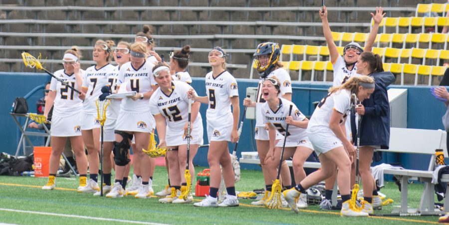 Members+of+the+Kent+State+womens+lacrosse+team+cheer+after+scoring+a+goal+against+Kennesaw+State+on+April+11%2C+2019.+Kent+lost+11-18.