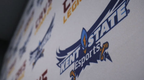The inside of the streaming pods have backdrops marked with Kent State’s Esports logo. 