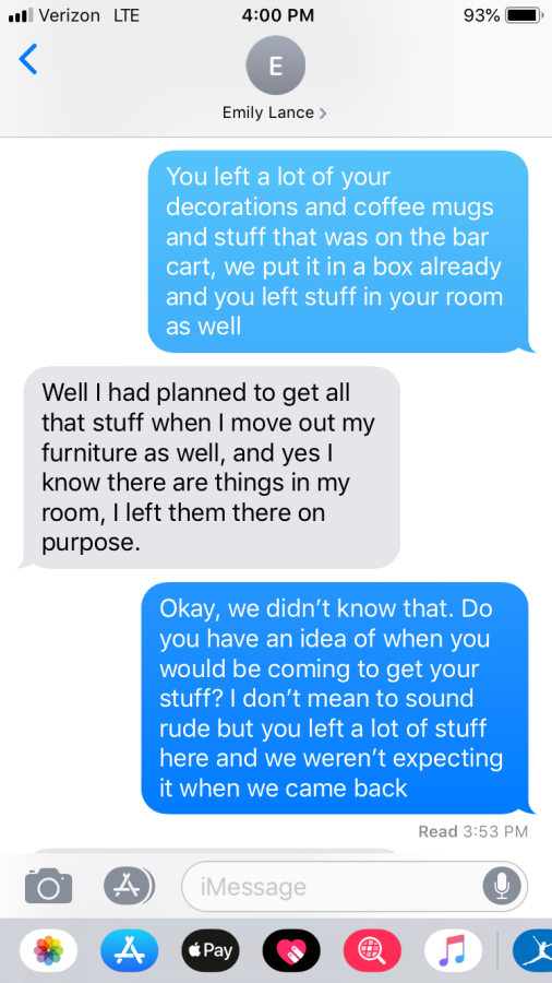Messages exchanged between two roommates dealing with conflict. 