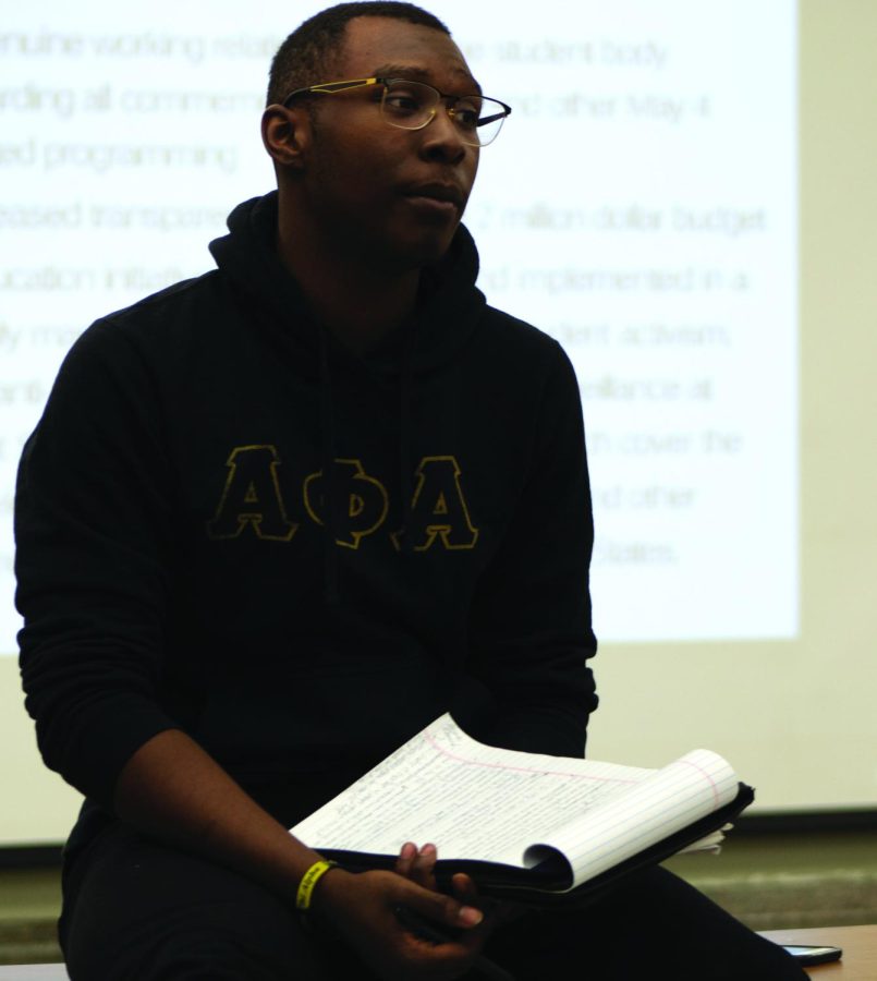 Patrick Ferguson, president of Black United Students, elaborates on the demands presented to President Diacon at the BUS meeting on Feb. 13, 2020. They gave Diacon until Feb. 14, 2020 to respond to their demands.