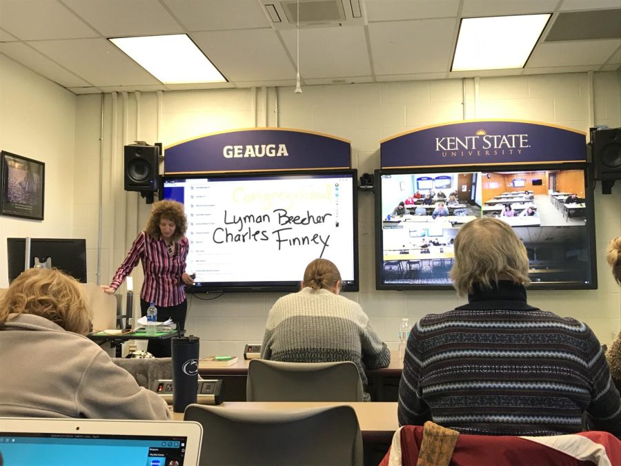History professor Molly Sergi talks in person to her class on the Geauga campus, Feb. 5, 2020 as the other regional zoom rooms tune in.