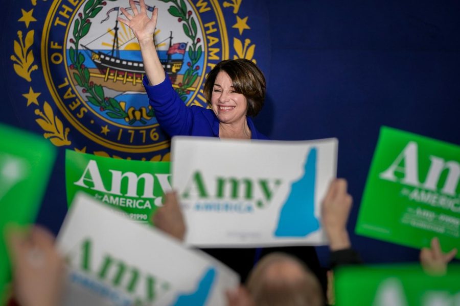 MANCHESTER, NH - FEBRUARY 09: Democratic presidential candidate Sen. Amy Klobuchar (D-MN) waves after speaking during a Get Out The Vote event at the University of Southern New Hampshire on February 9, 2020 in Manchester, New Hampshire. New Hampshire will hold its first in the national primary on Tuesday. (Photo by Drew Angerer/Getty Images)