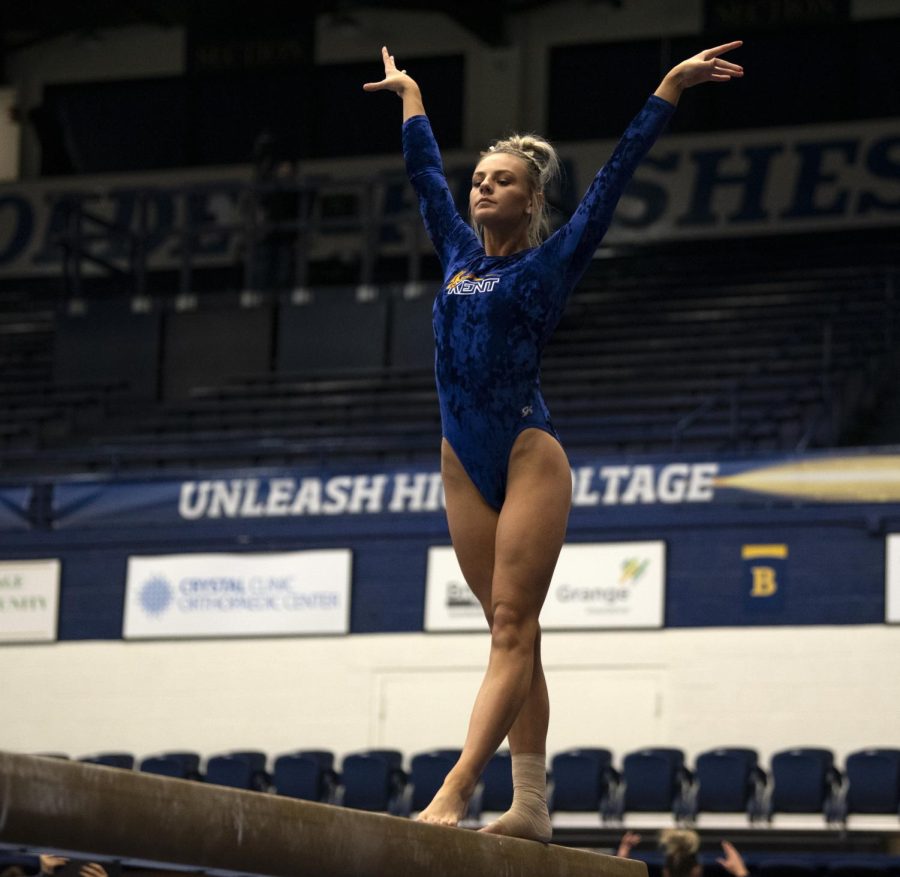 Sophomore Samantha Henry gets ready to perform on the balance beam during meet against Cornell University on Feb. 7, 2019. Kent State won with a total score 192.725.