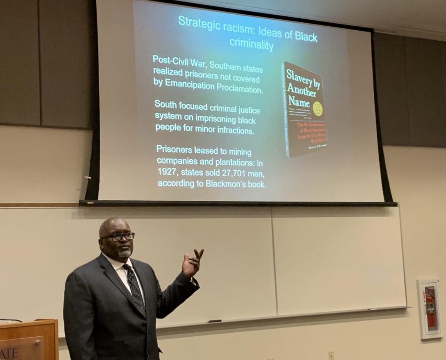 Deggans presented one source of his research, Slavery by Another Name, to support how history is important to better understand media racism Tuesday, Feb. 11, 2020.