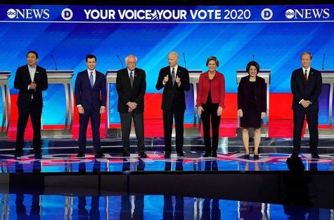The Democratic presidential candidates take the stage at Saint Anselm College in Manchester, New Hampshire, for a debate on February 7, 2020.
